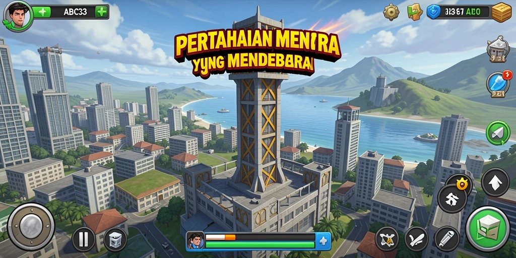Tampilan menegangkan permainan Tower Defense ABC33 dengan menara dan musuh.