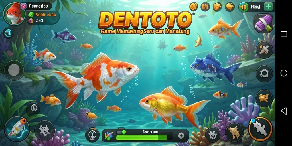 Gameplay DENTOTO menampilkan pemain menangkap ikan di lokasi yang indah.