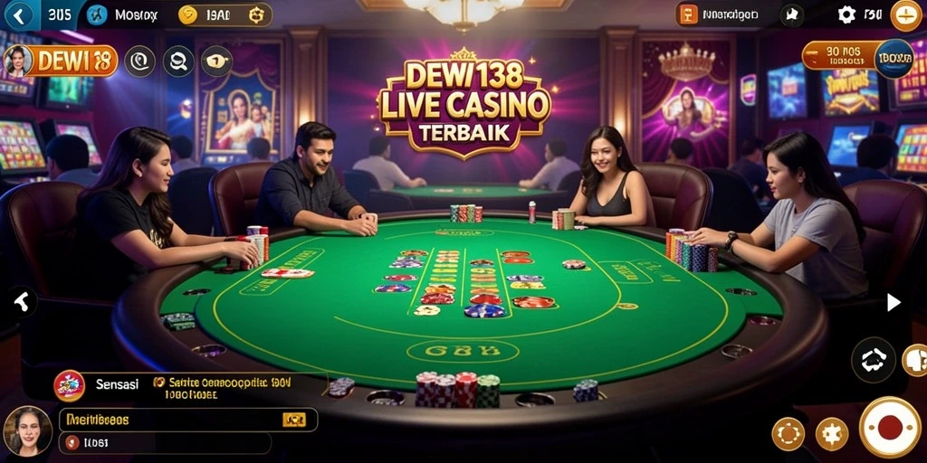 Screenshot gameplay DEWI138 yang menunjukkan dealer langsung dan suasana kasino.
