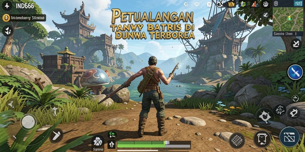 Screenshot gameplay menunjukkan petualangan eksplorasi dunia terbuka yang luas.