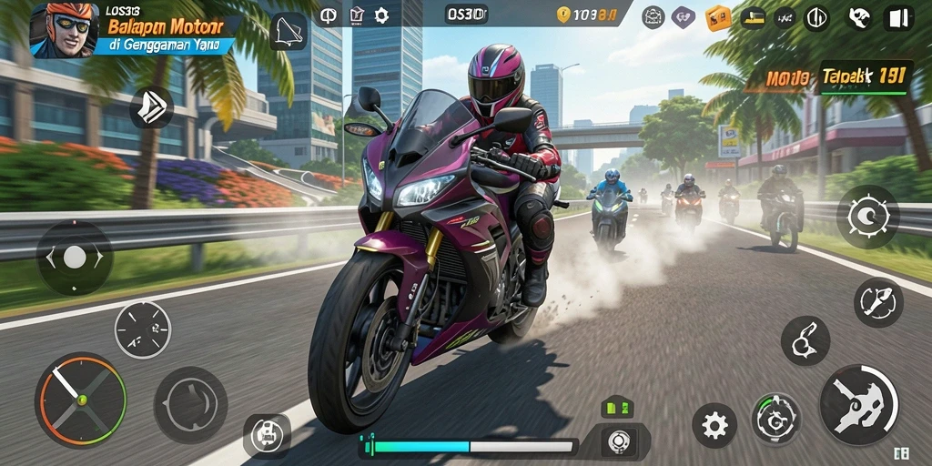 Screenshot utama dari gameplay balapan motor yang mendebarkan.