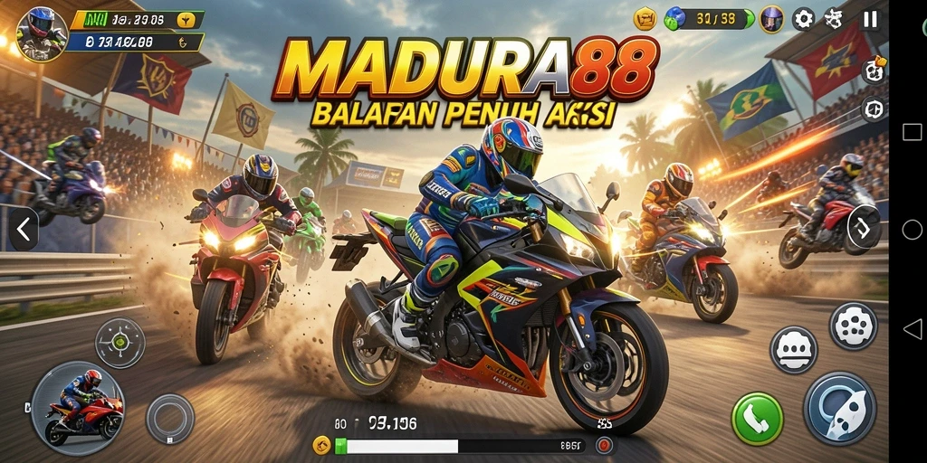 Tampilan seru gameplay balapan motor yang mendebarkan.