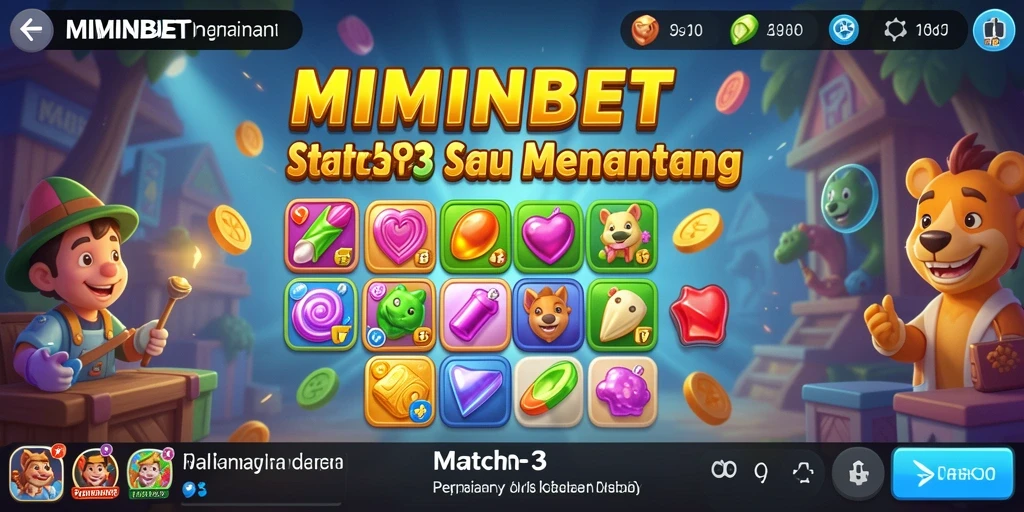 Tampilan utama MIMINBET dengan gameplay Match-3 yang seru.
