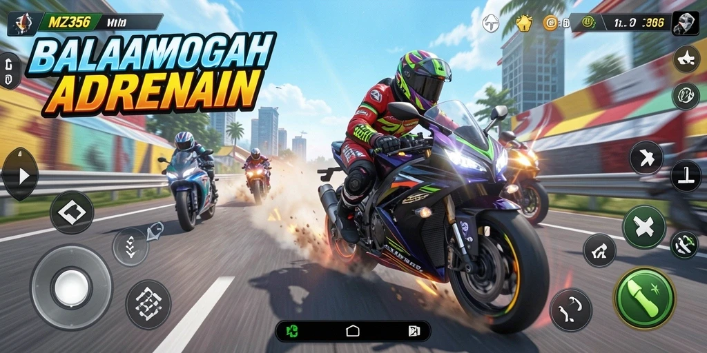 Tampilan menarik dari gameplay balapan motor MZ356 yang penuh aksi.