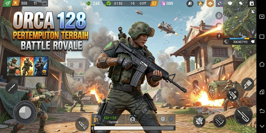 Gameplay mendebarkan ORCA128 dalam pertempuran Battle Royale.
