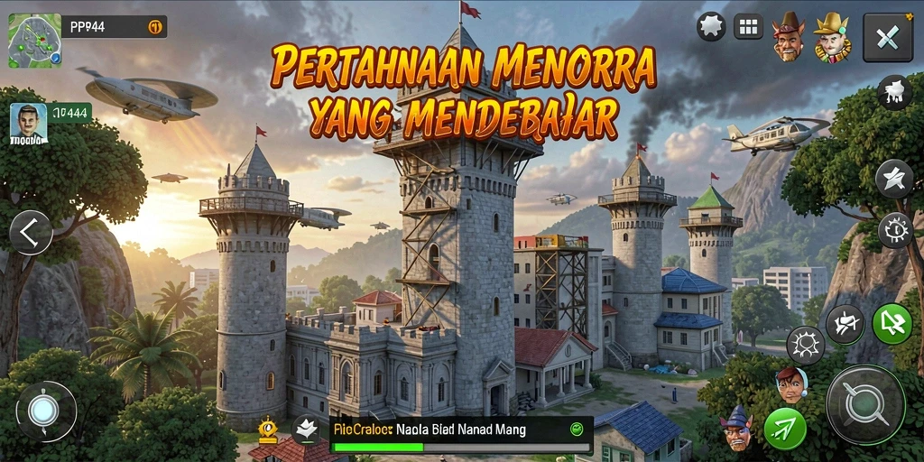Screenshot PP444 menampilkan aksi menara bertahan menghadapi gelombang musuh.