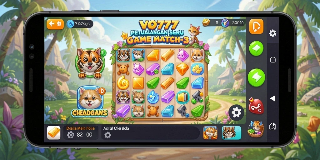 Screenshot VO777 menampilkan gameplay Match-3 yang seru dan penuh warna.